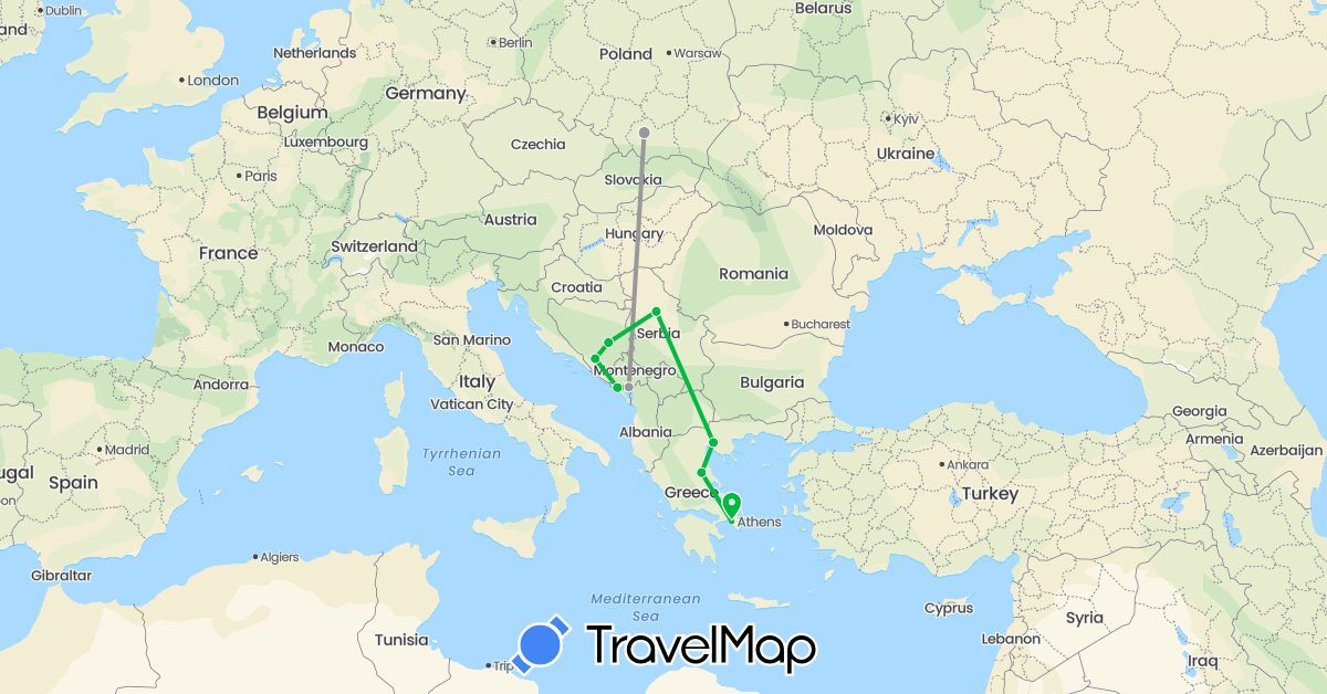TravelMap itinerary: driving, bus, plane in Bosnia and Herzegovina, Greece, Montenegro, Poland, Serbia (Europe)